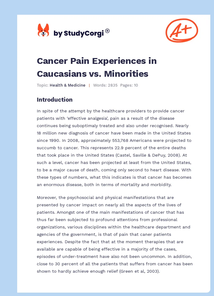 Cancer Pain Experiences in Caucasians vs. Minorities. Page 1