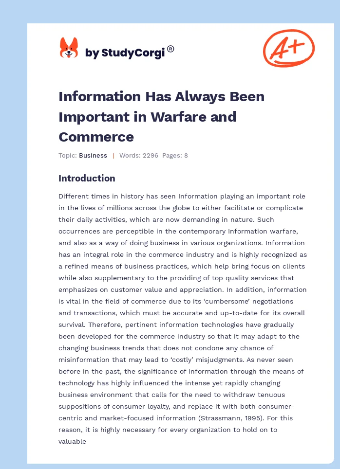 Information Has Always Been Important in Warfare and Commerce. Page 1