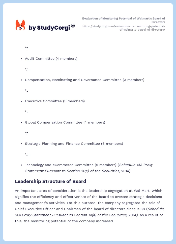 Evaluation of Monitoring Potential of Walmart’s Board of Directors. Page 2