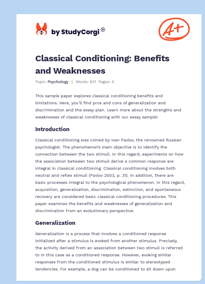 Classical Conditioning: Benefits and Weaknesses. Page 1