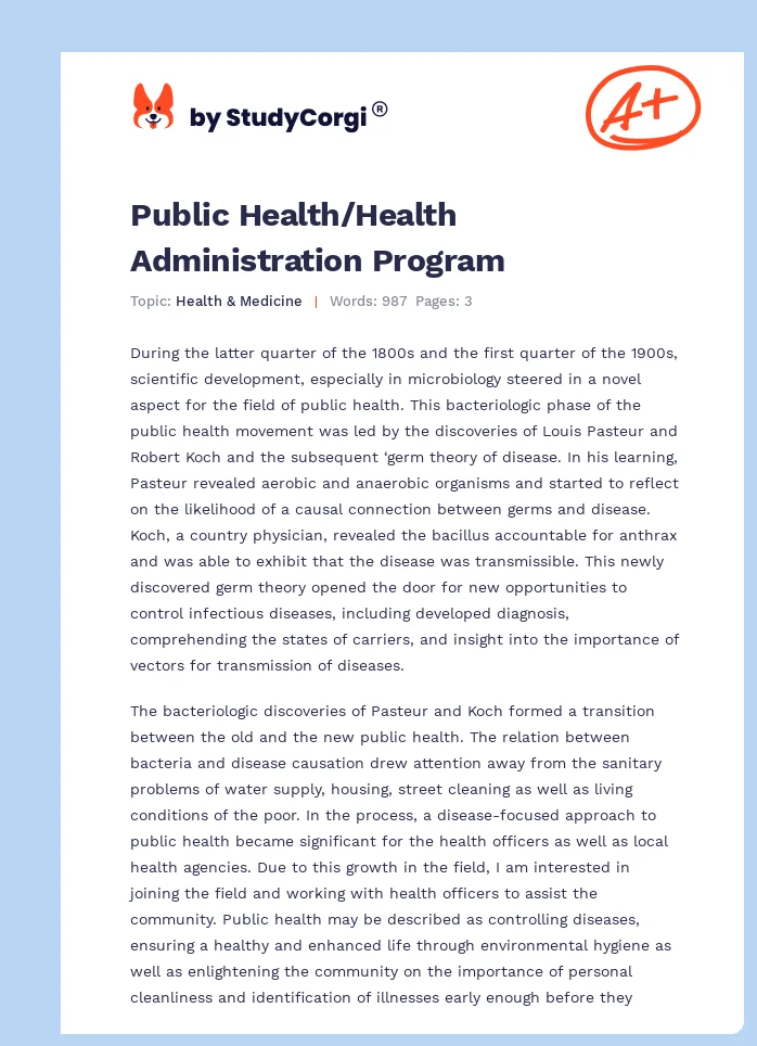 Public Health/Health Administration Program. Page 1