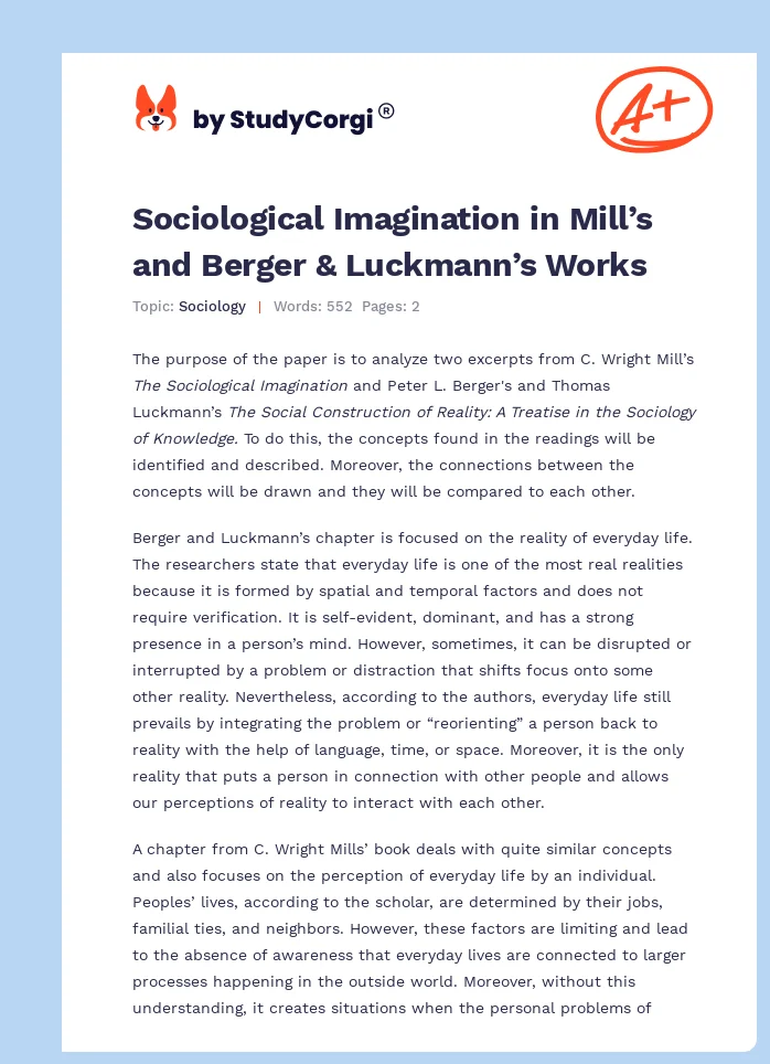 Sociological Imagination in Mill’s and Berger & Luckmann’s Works. Page 1