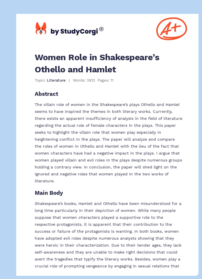 Women Role in Shakespeare’s Othello and Hamlet. Page 1