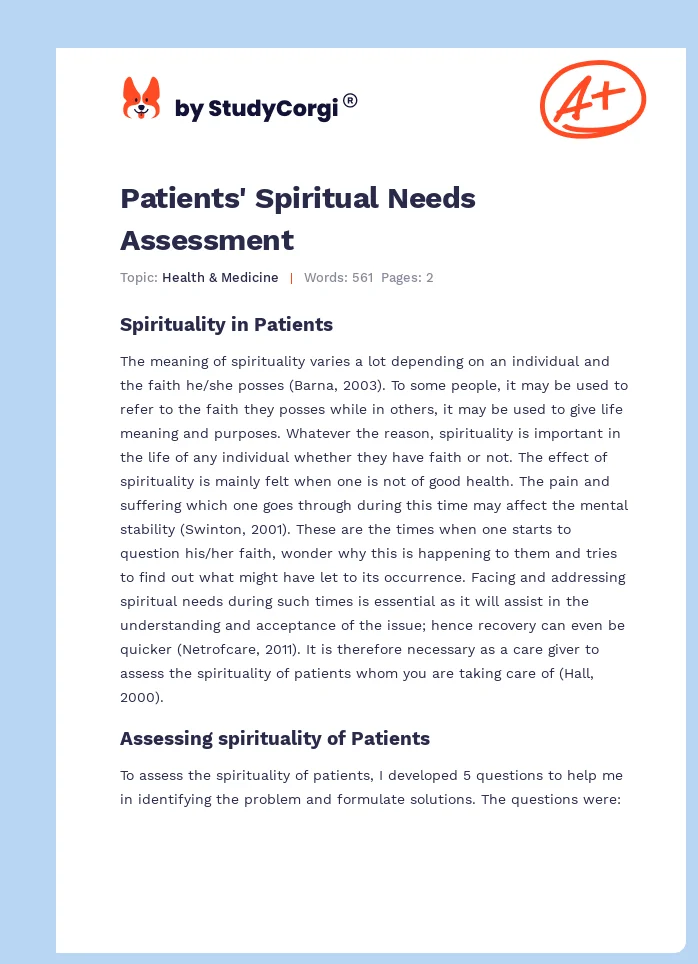 Patients' Spiritual Needs Assessment. Page 1