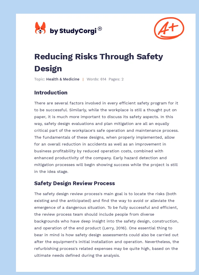 Reducing Risks Through Safety Design. Page 1