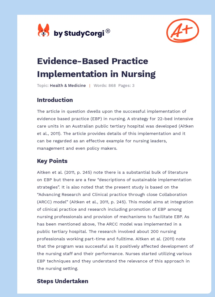 Evidence-Based Practice Implementation in Nursing. Page 1