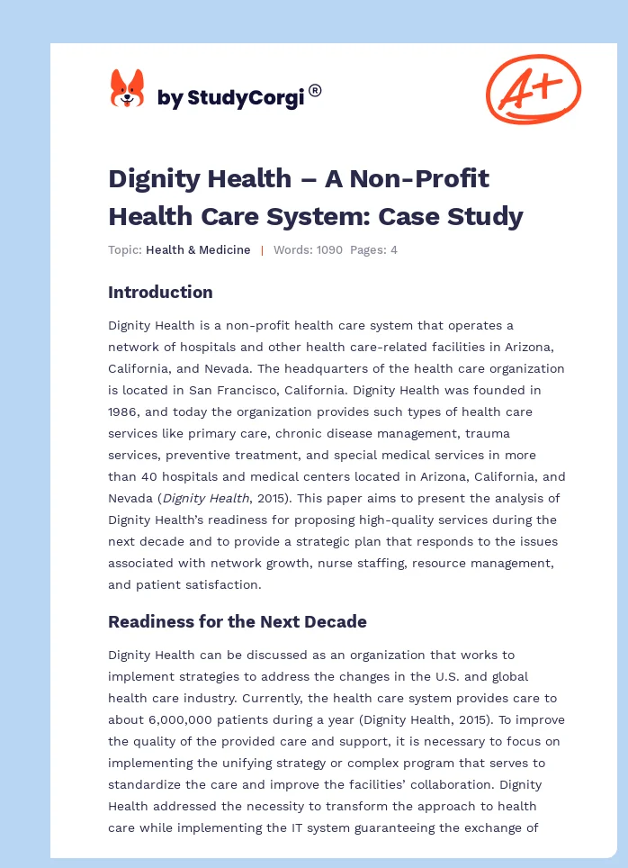 Dignity Health – A Non-Profit Health Care System: Case Study. Page 1