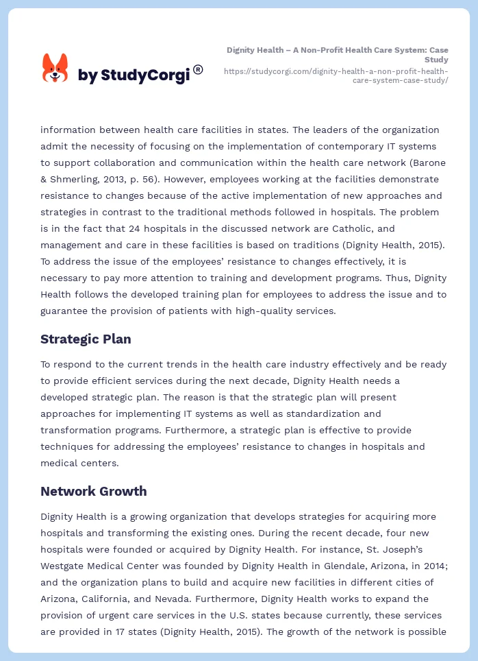 Dignity Health – A Non-Profit Health Care System: Case Study. Page 2