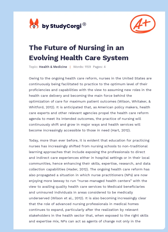 The Future of Nursing in an Evolving Health Care System. Page 1