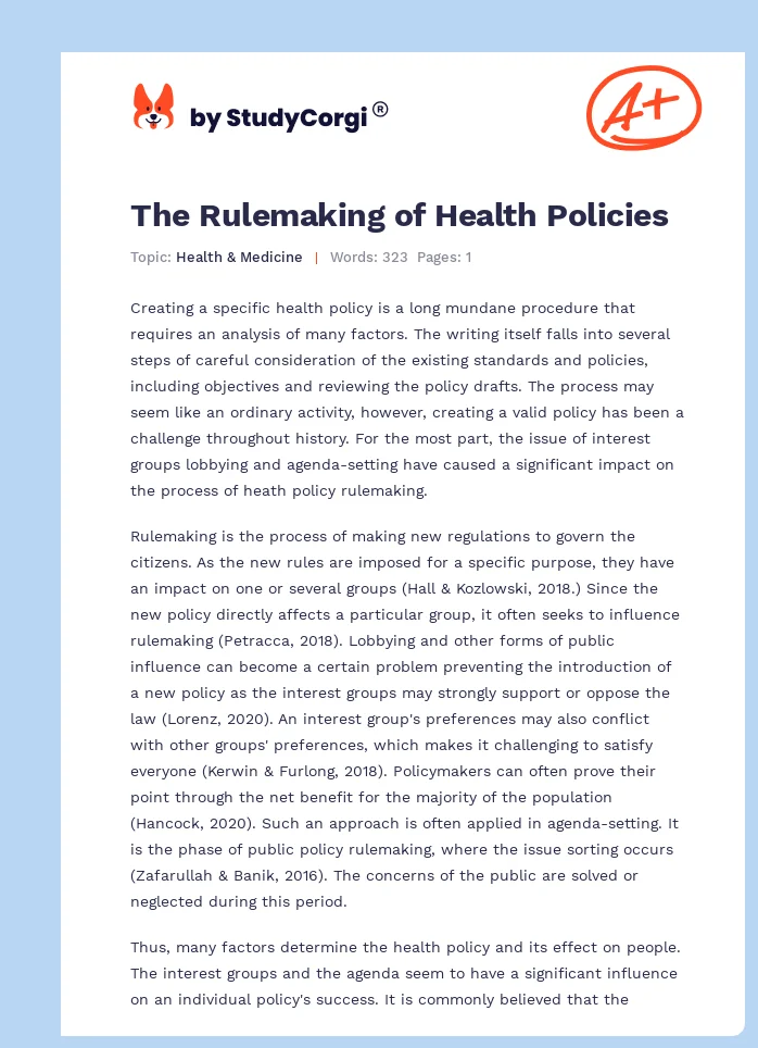 The Rulemaking of Health Policies. Page 1