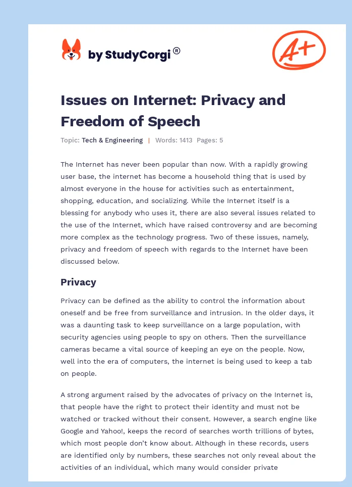 Issues on Internet: Privacy and Freedom of Speech. Page 1