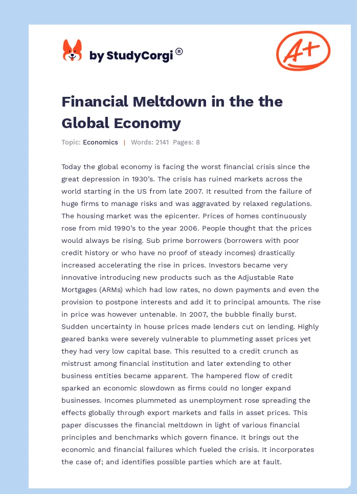 Financial Meltdown in the the Global Economy. Page 1