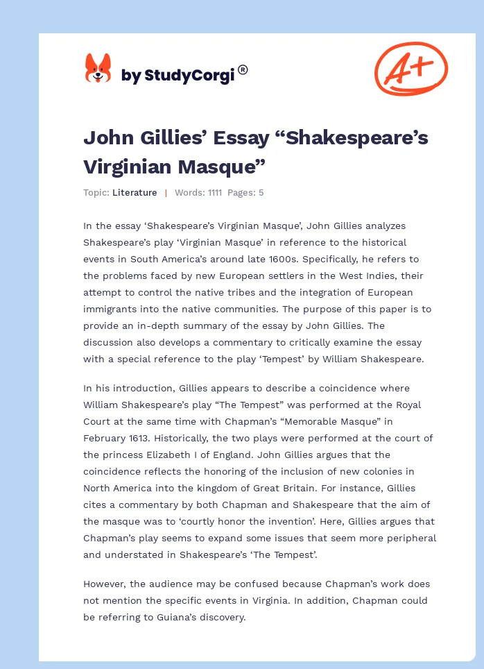 John Gillies’ Essay “Shakespeare’s Virginian Masque”. Page 1