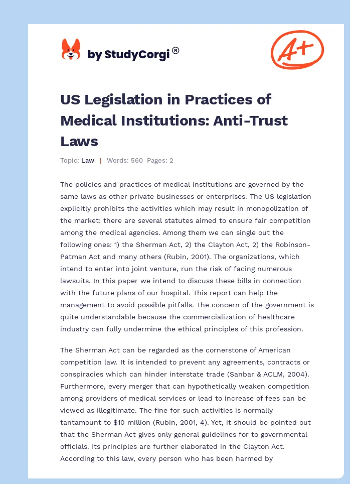 US Legislation in Practices of Medical Institutions: Anti-Trust Laws. Page 1
