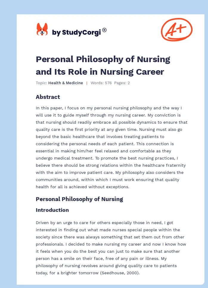 Personal Philosophy of Nursing and Its Role in  Nursing Career. Page 1