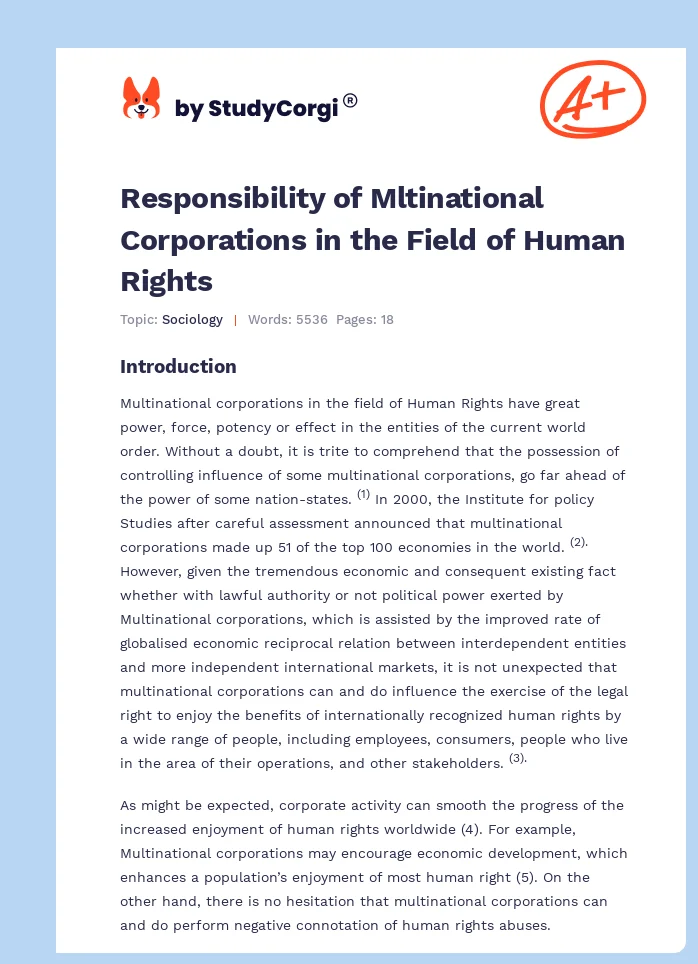 Responsibility of Mltinational Corporations in the Field of Human Rights. Page 1