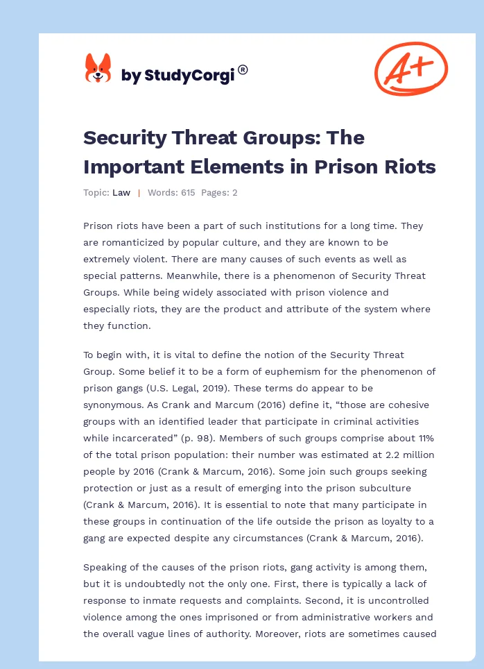 Security Threat Groups: The Important Elements in Prison Riots. Page 1