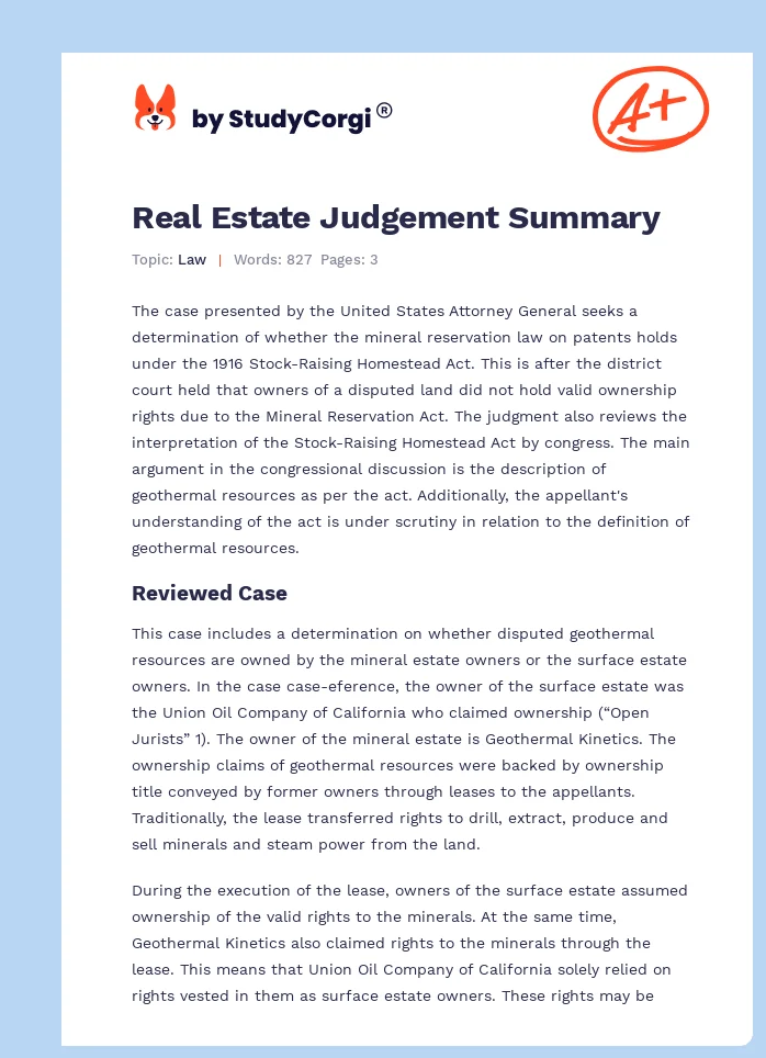 Real Estate Judgement Summary. Page 1