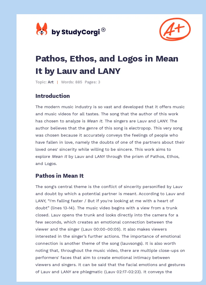 Pathos, Ethos, and Logos in Mean It by Lauv and LANY. Page 1