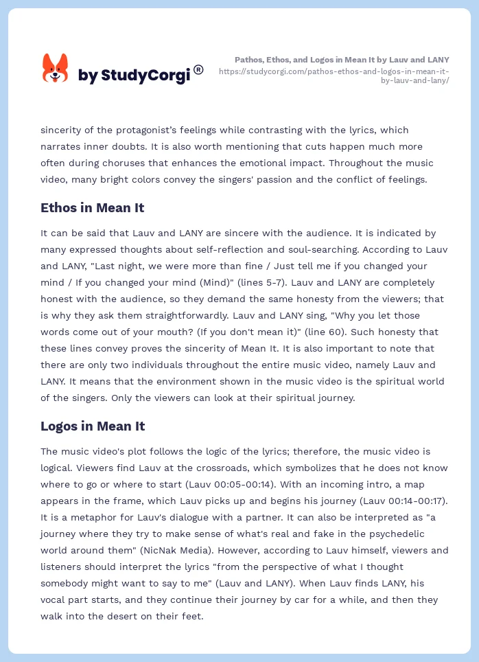 Pathos, Ethos, and Logos in Mean It by Lauv and LANY. Page 2