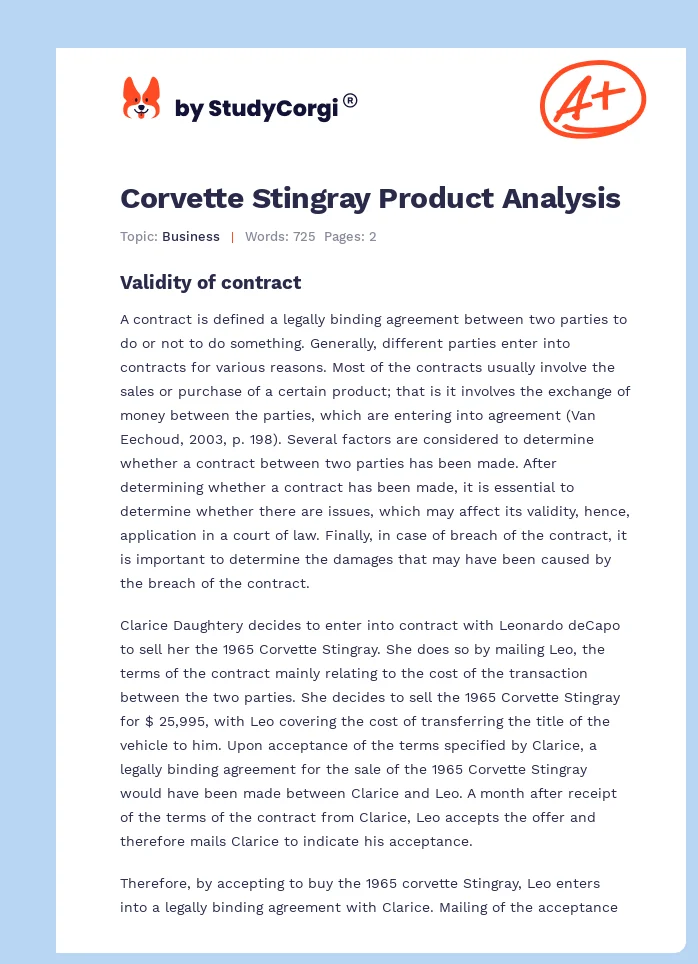 Corvette Stingray Product Analysis. Page 1