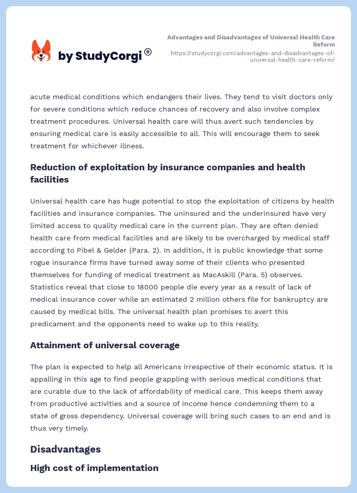 Advantages and Disadvantages of Universal Health Care Reform. Page 2