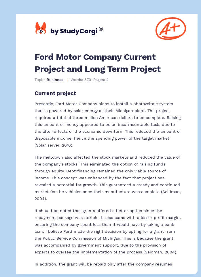 Ford Motor Company Current Project and Long Term Project. Page 1