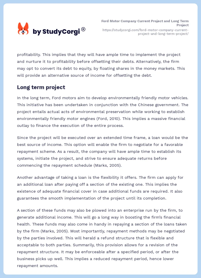 Ford Motor Company Current Project and Long Term Project. Page 2