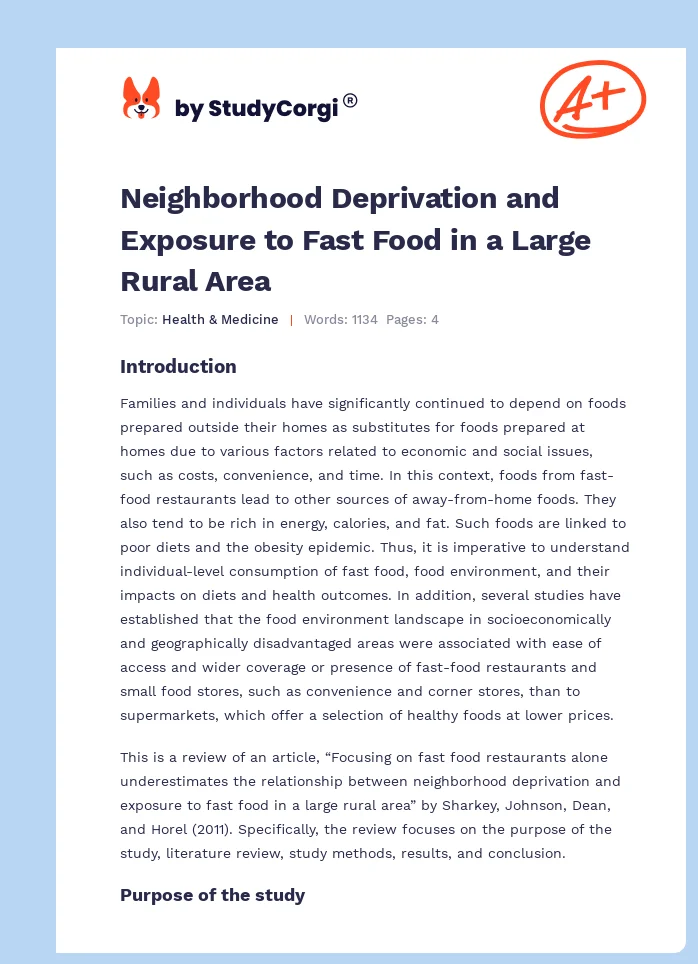 Neighborhood Deprivation and Exposure to Fast Food in a Large Rural Area. Page 1