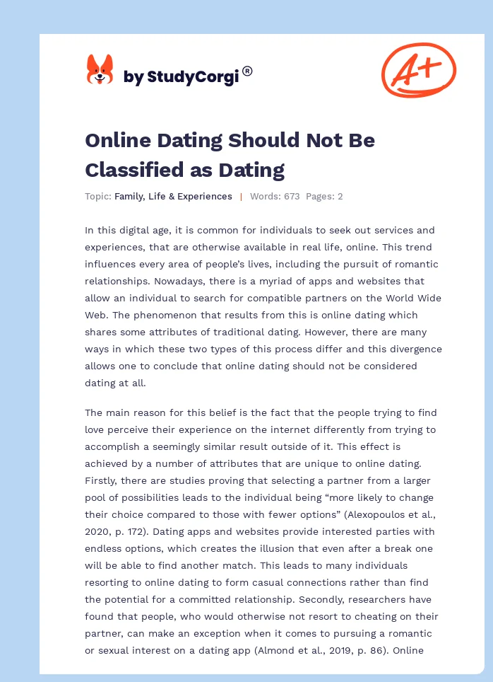 Online Dating Should Not Be Classified as Dating. Page 1