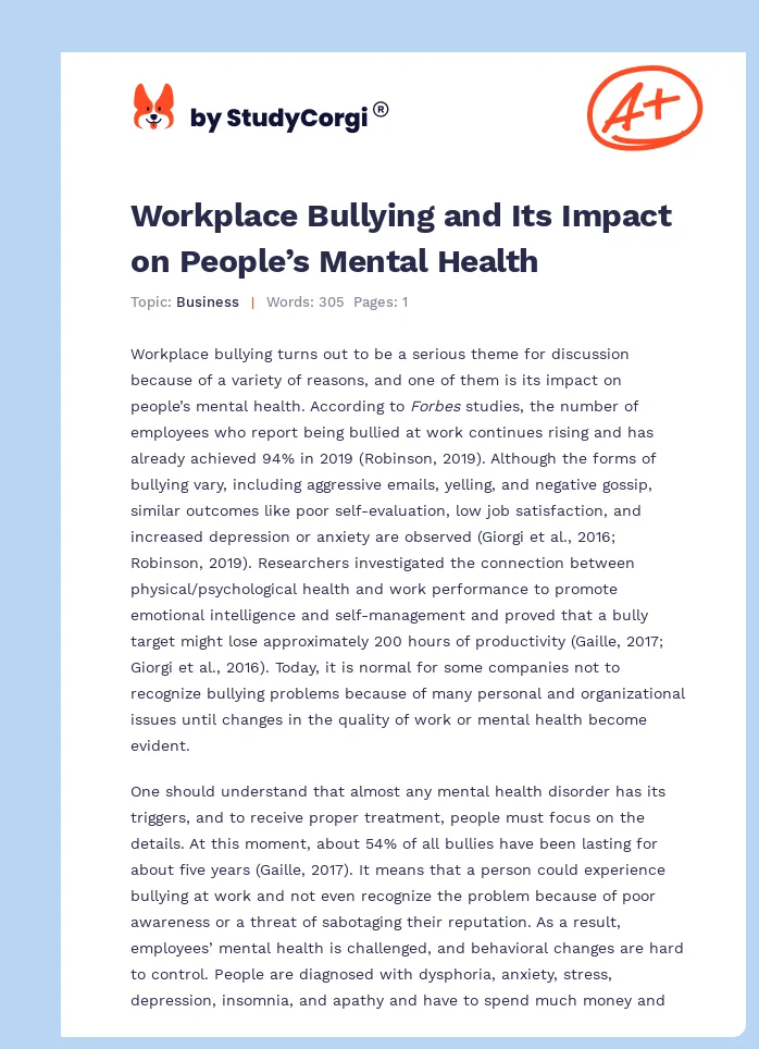 Workplace Bullying and Its Impact on People’s Mental Health. Page 1