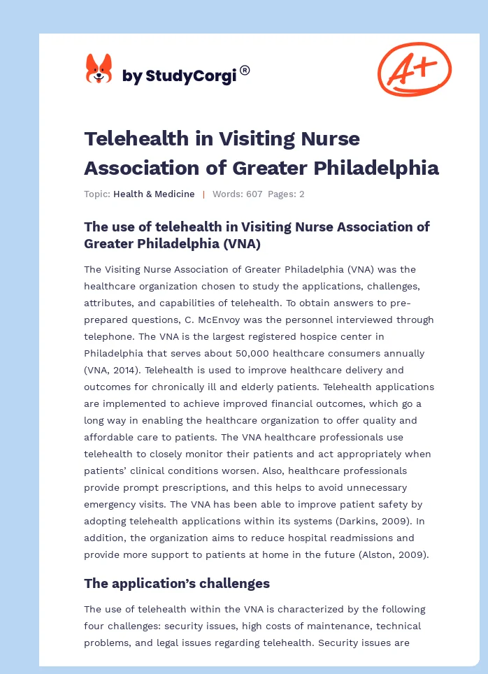 Telehealth in Visiting Nurse Association of Greater Philadelphia. Page 1