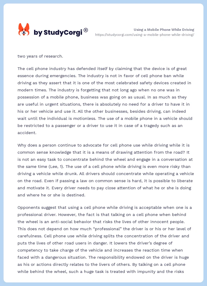 Using a Mobile Phone While Driving. Page 2