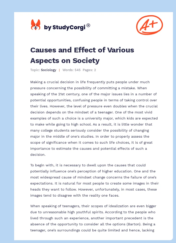Causes and Effect of Various Aspects on Society. Page 1