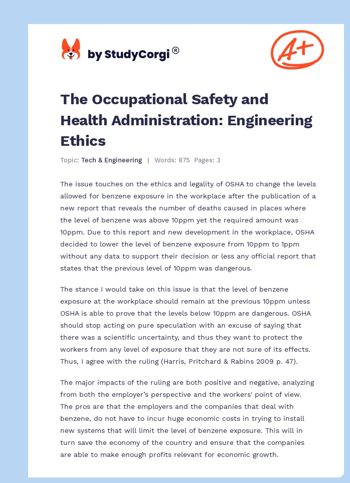 The Occupational Safety and Health Administration: Engineering Ethics. Page 1