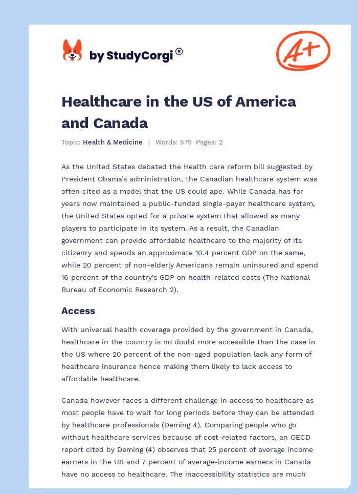 Healthcare in the US of America and Canada. Page 1
