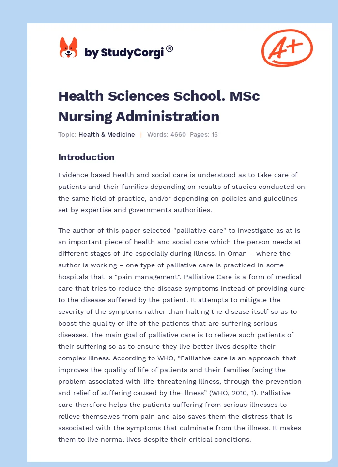 Health Sciences School. MSc Nursing Administration. Page 1