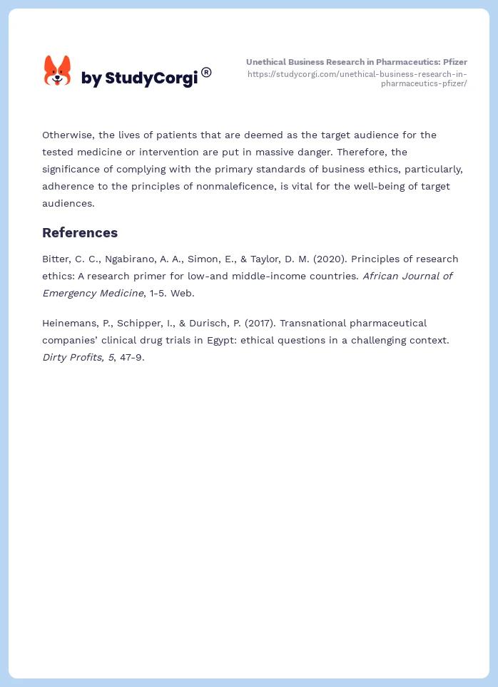 Unethical Business Research in Pharmaceutics: Pfizer. Page 2