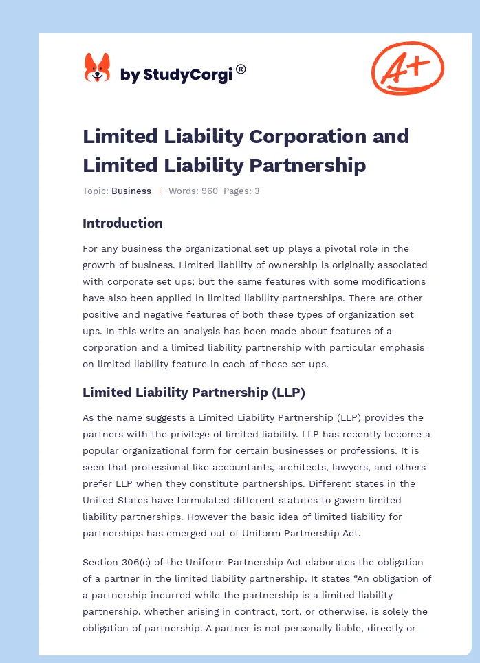 Limited Liability Corporation and Limited Liability Partnership. Page 1