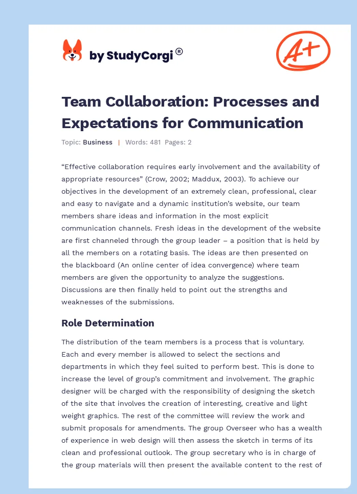 Team Collaboration: Processes and Expectations for Communication. Page 1