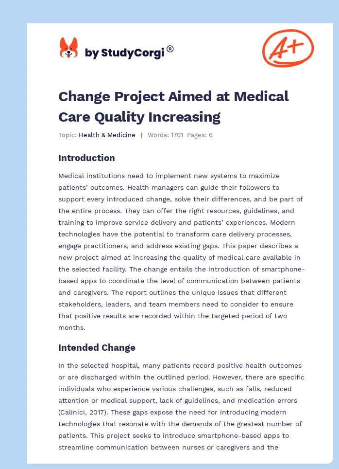 Change Project Aimed at Medical Care Quality Increasing. Page 1