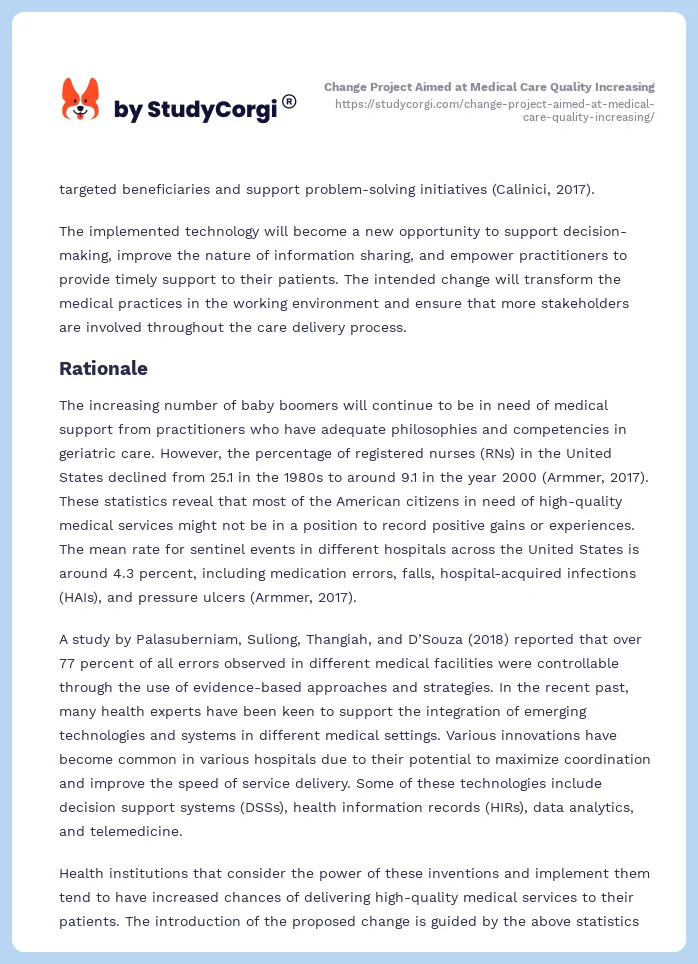 Change Project Aimed at Medical Care Quality Increasing. Page 2