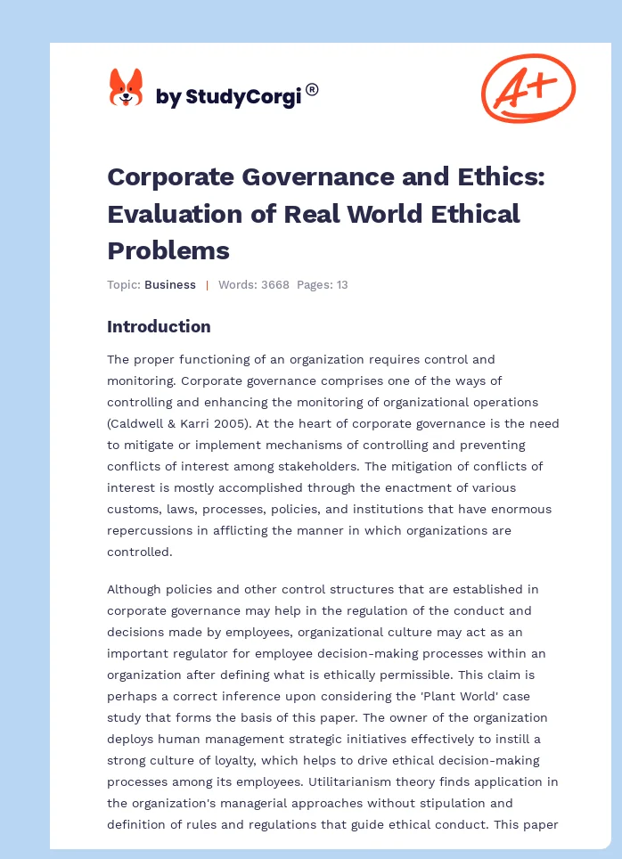 Corporate Governance and Ethics: Evaluation of Real World Ethical Problems. Page 1