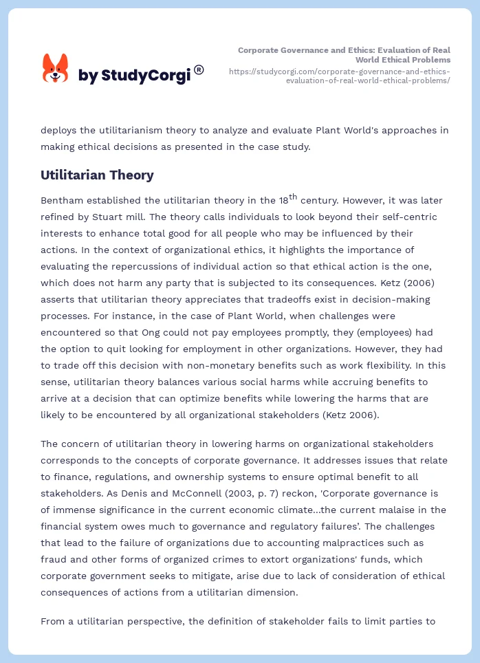 Corporate Governance and Ethics: Evaluation of Real World Ethical Problems. Page 2