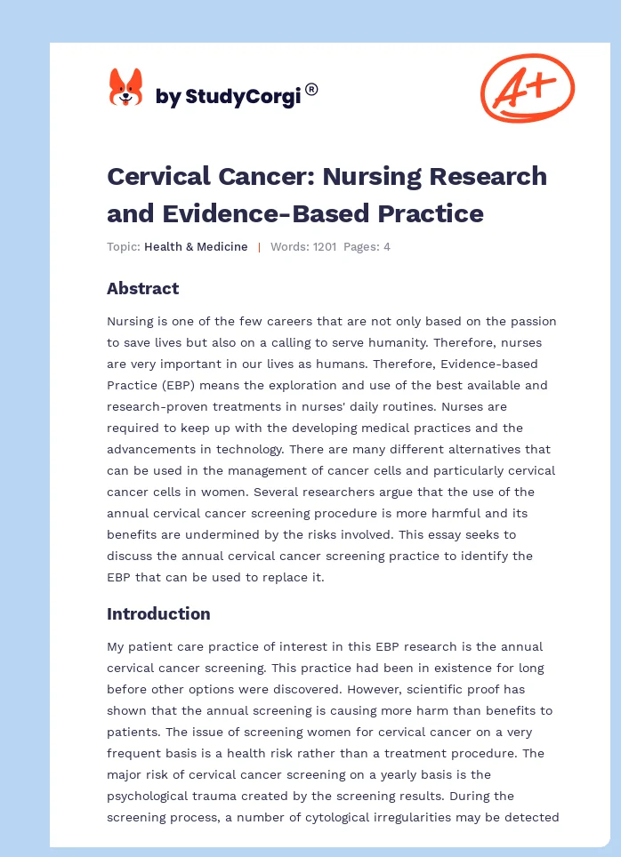 Cervical Cancer: Nursing Research and Evidence-Based Practice. Page 1