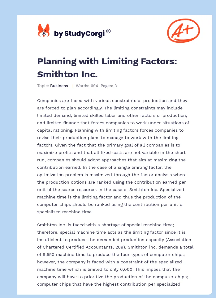 Planning with Limiting Factors: Smithton Inc.. Page 1