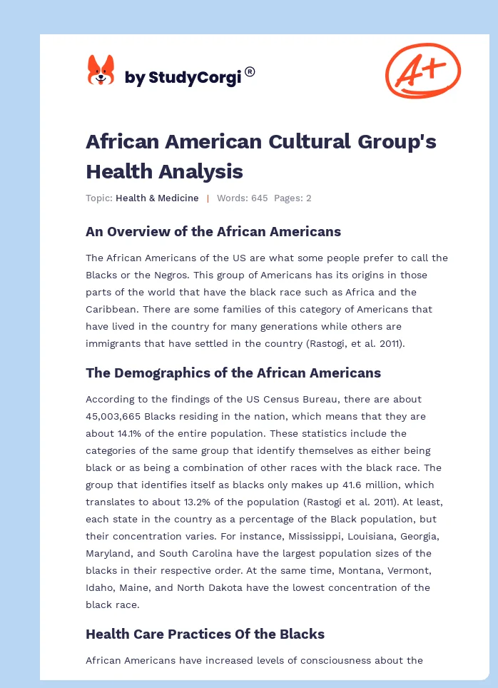 African American Cultural Group's Health Analysis. Page 1