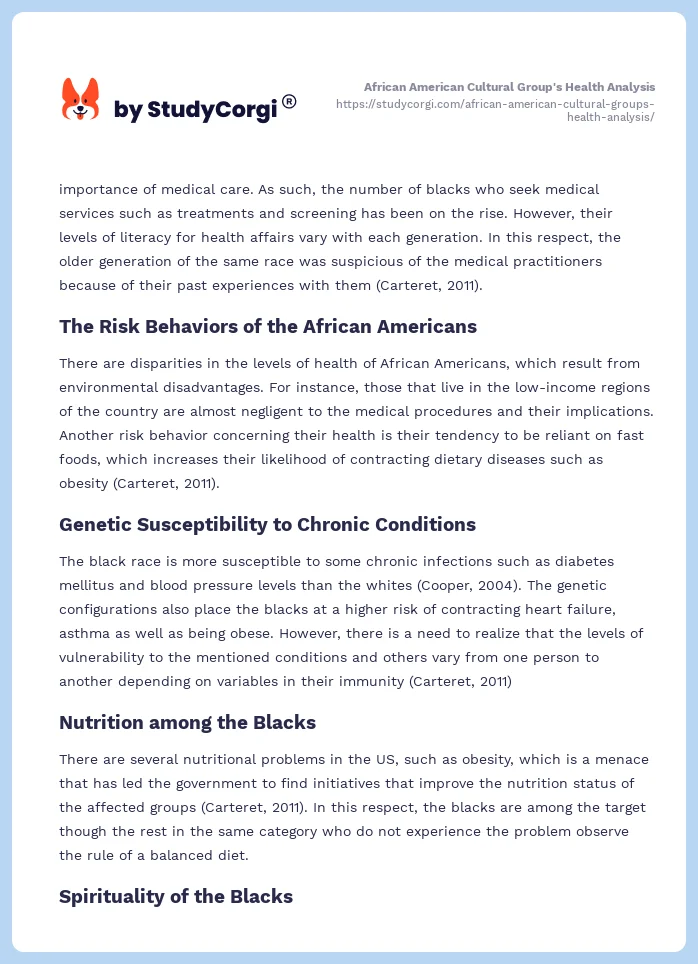 African American Cultural Group's Health Analysis. Page 2