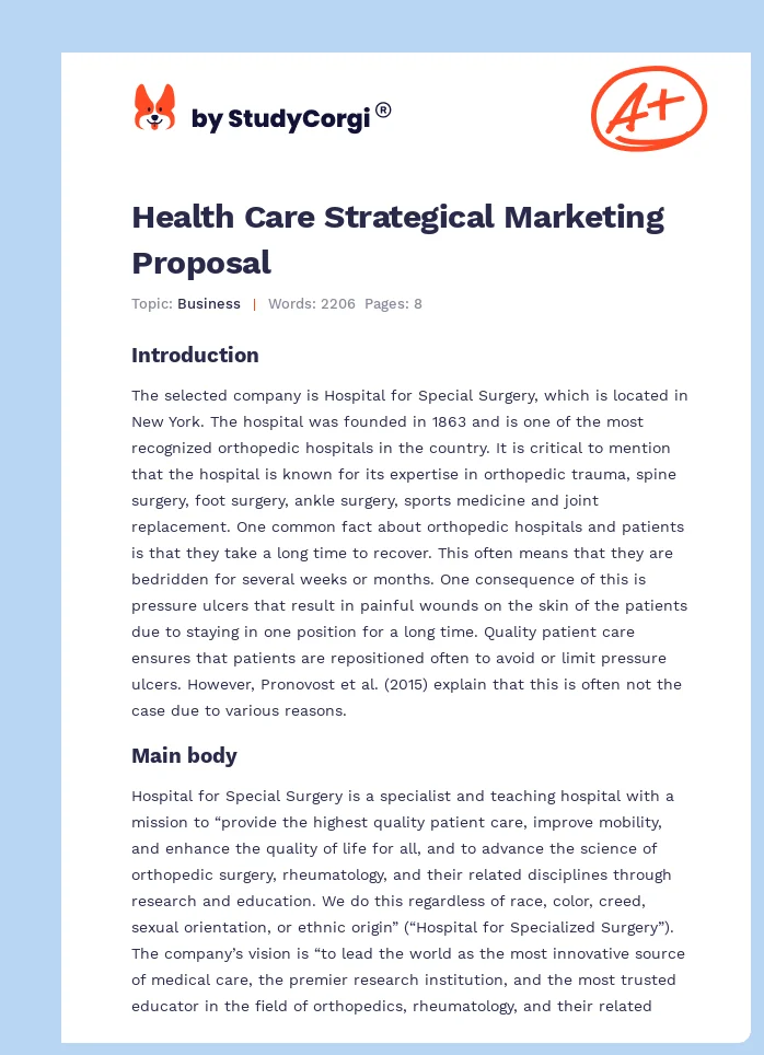 Health Care Strategical Marketing Proposal. Page 1