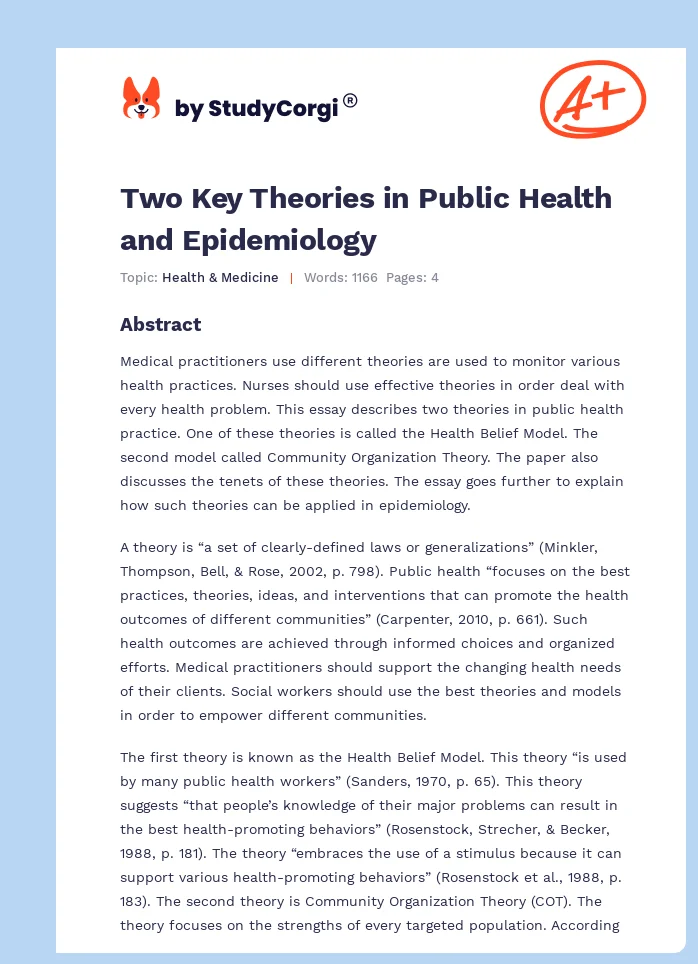 Two Key Theories in Public Health and Epidemiology. Page 1
